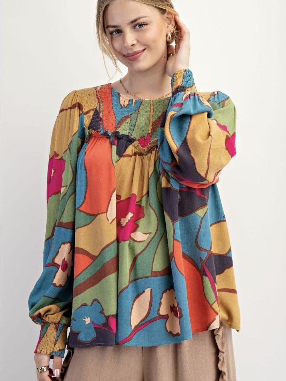 Easel NWT Sage Teal Abstract Floral Smocked Gauze Top – Small